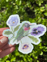 Load image into Gallery viewer, Anna’s Hummingbird & Pansies Sticker
