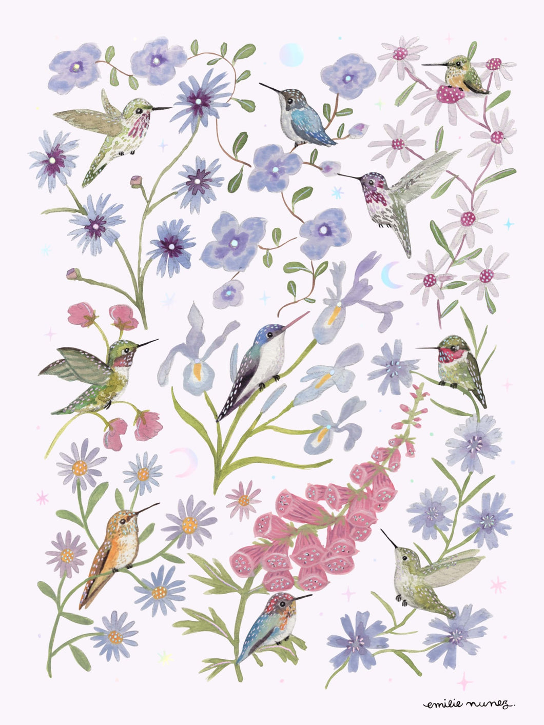 Spring Hummingbird Garden Art Print with Iridescent Foil