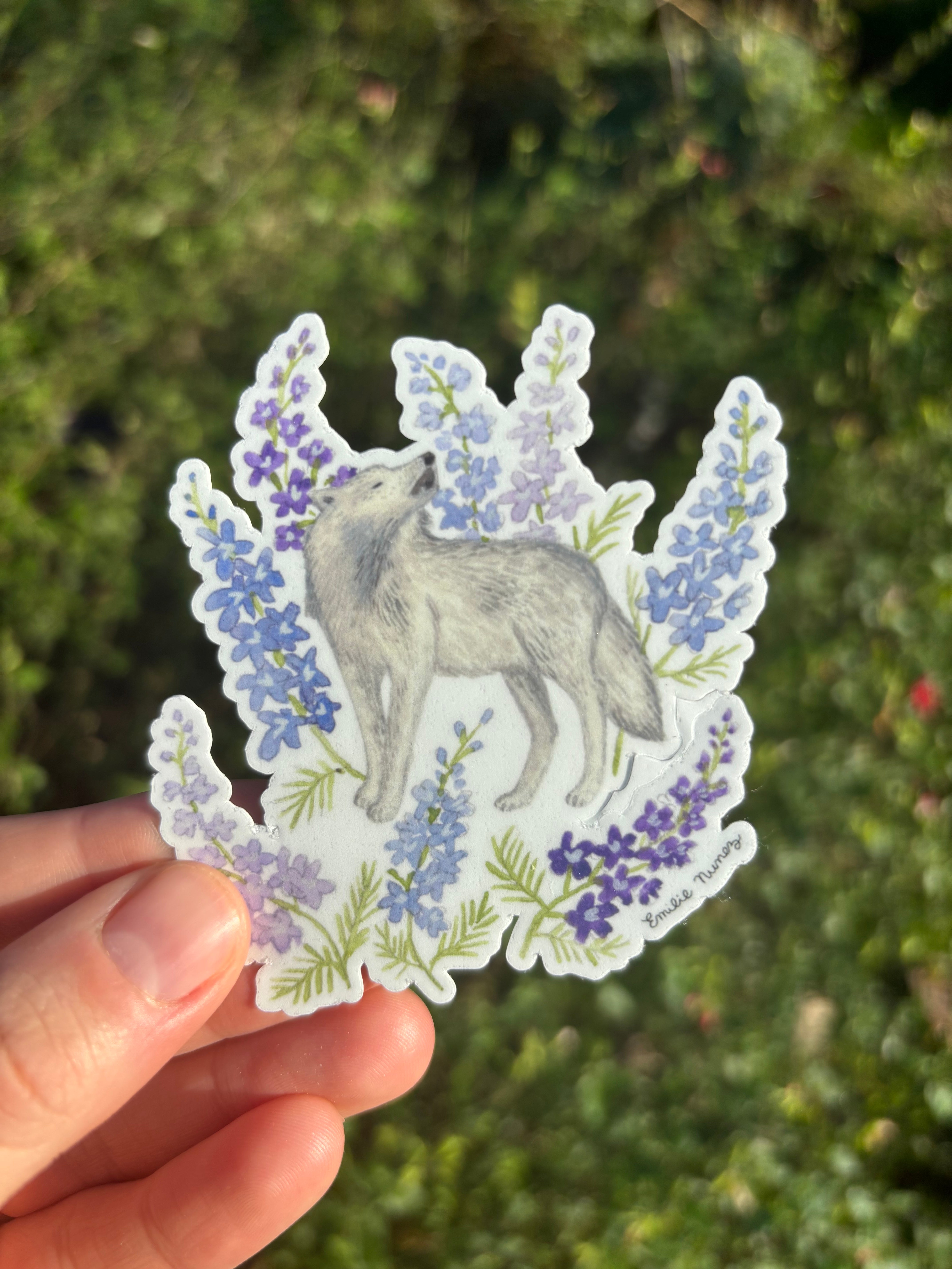 July- Larkspur & Wolf Sticker – Emilie Nunez Art
