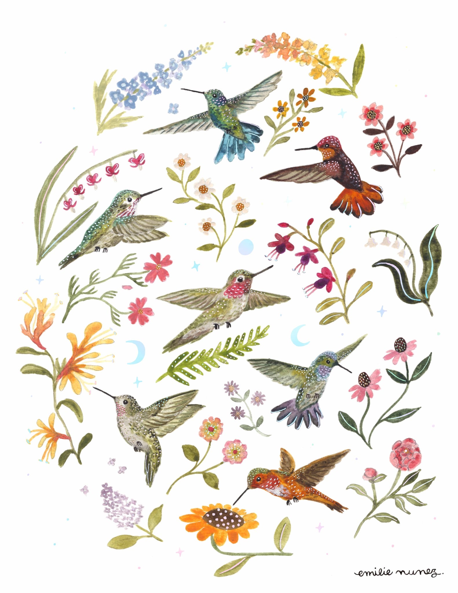 Hummingbird Garden Art Print with Iridescent Foil