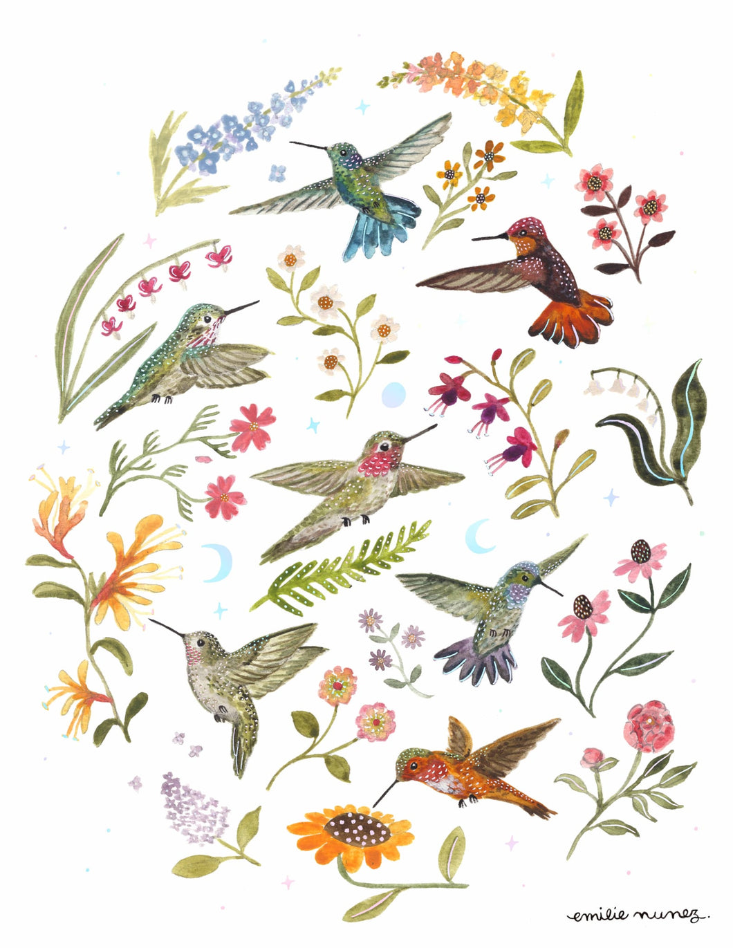 Hummingbird Garden Art Print with Iridescent Foil