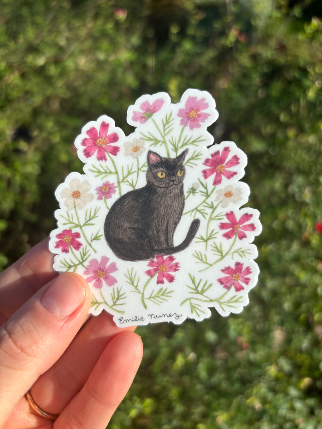 October- Cosmos & Black Cat Sticker – Emilie Nunez Art