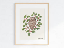 Load image into Gallery viewer, Barred Owl &amp; Holly Art Print - Wholesale
