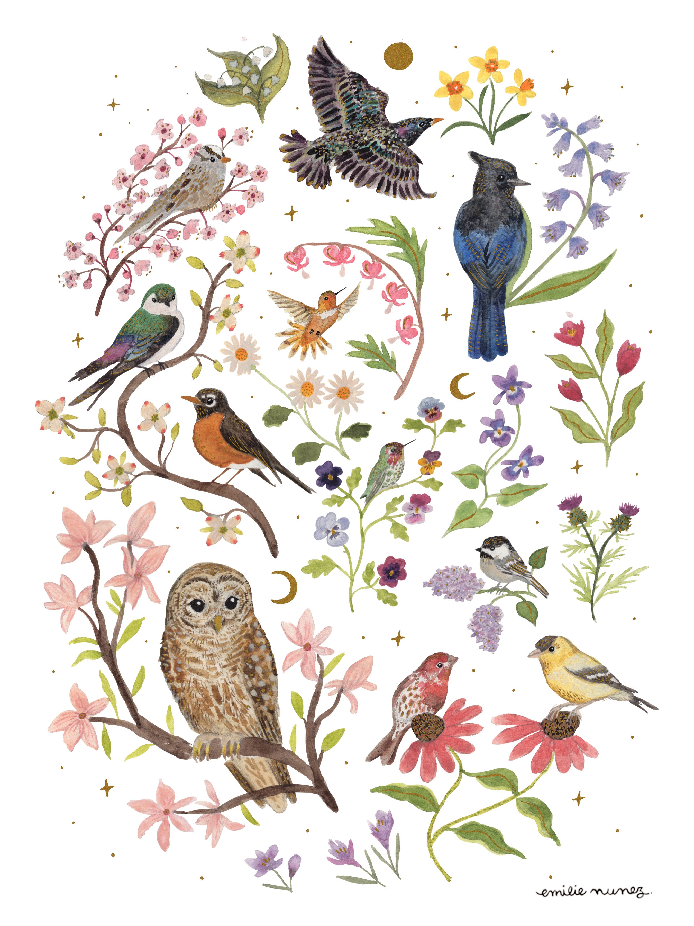 Spring Birds Art Print with Gold Foil