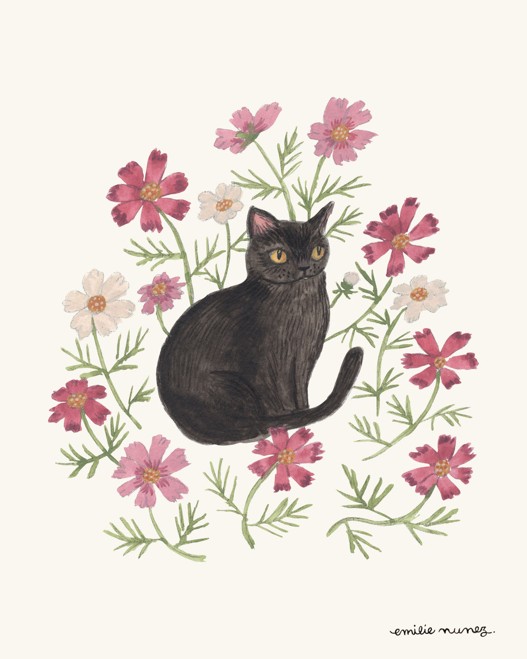 Black Cat & Cosmos Art Print