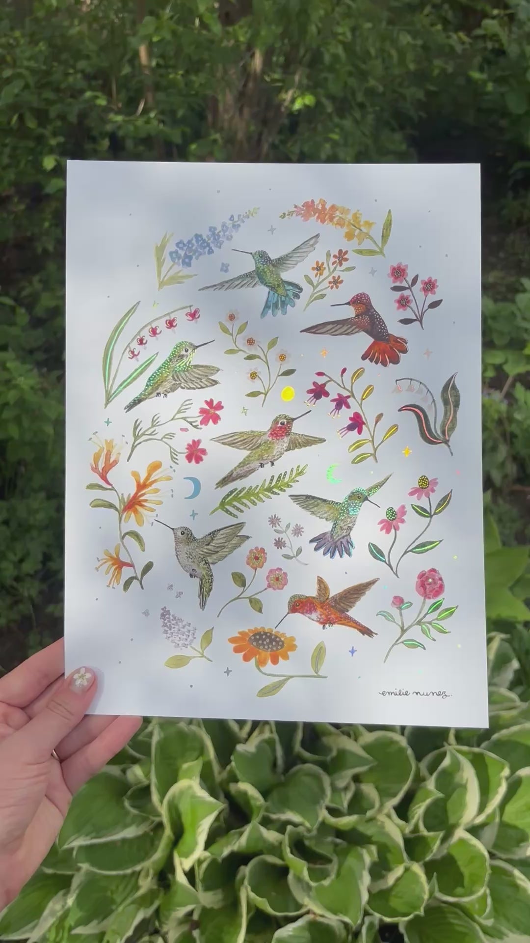 Hummingbird Garden Art Print with Iridescent Foil