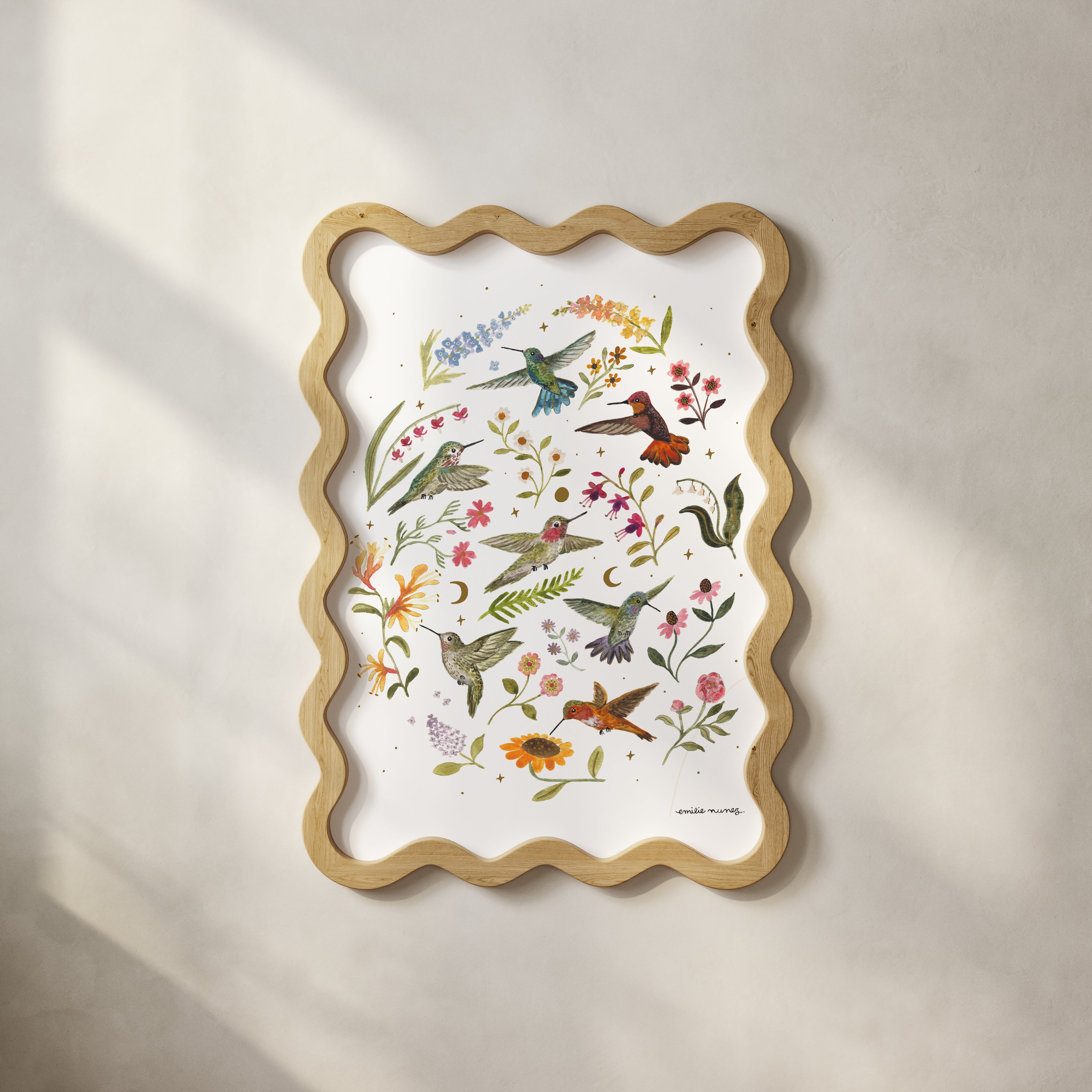 Hummingbird Garden Art Print with Iridescent Foil